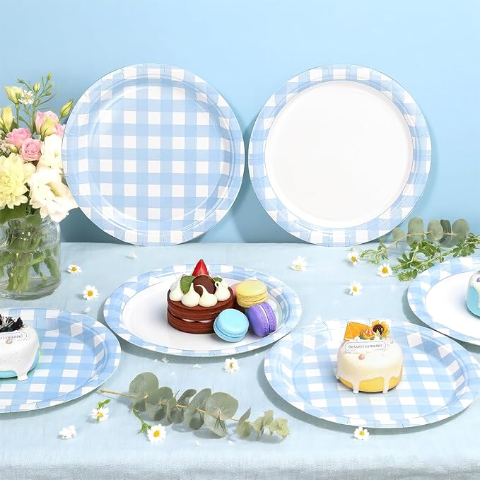 32 Pcs Blue Gingham Party Plates - 7 Inch Checkered Plaid Dessert Plates Disposable Blue and White Paper Plate - For Picnic BBQ Birthday Dinner Party Supplies