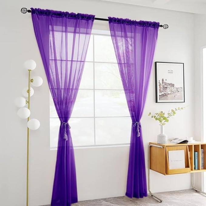 youleyar Solid Sheer Rod Pocket Curtain Voile Draperies 2 Panels White Beige Black Ivory Coffee 22 Inch Width 40 Inch Long 1 Pair for Kitchen Bedroom Children Living Room Yard(Purple,22W x 40L)