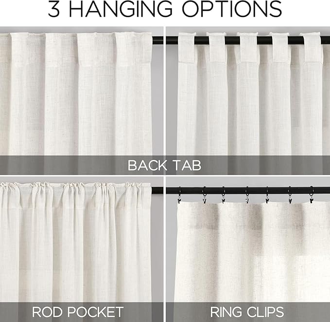 Nanspring Beige White Linen Curtains 96 Inches Long for Living Room Bedroom Light Filtering Privacy Coastal Decor Curtains Back Tab and Rod Pocket Curtain for Office Dinner Room 70x96, 2 Panels