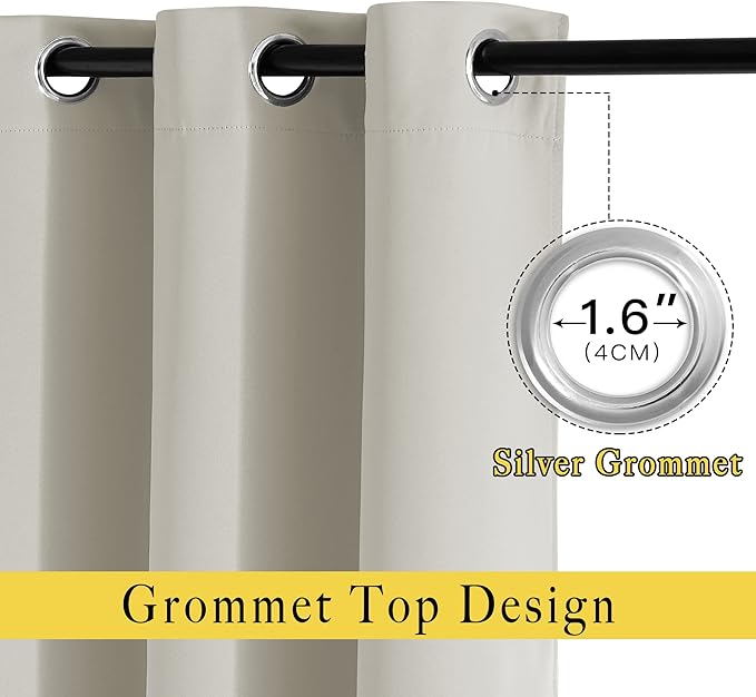 NICETOWN Room Darkening Bedroom Curtains 63 inches Long, Window Treatment Thermal Insulated Solid Grommet Voice Reducing Drapes for Kids Room, Natural, Set of 2, W46 x L63