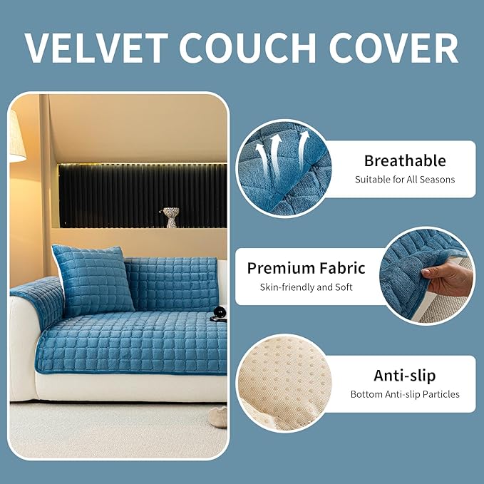 Velvet Couch Cover, Plush Sectional Sofa Cover Washable, Anti Slip Sofa Slipcover for Armrest & Backrest, Furniture Protector Covers for Pets & Kids(1PC, Black, 27.6"×27.6", Single Seater)