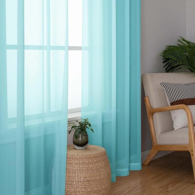 Lecloud Aqua Sheer Curtains for Living Room 90 Inches Long 2 Pcs, Voile Solid Color Airy Bedroom Decor Privacy Drapes, Dual Rod Pockets Light Filtering Soft Window Curtains, Each Panel 42" W x 90" L