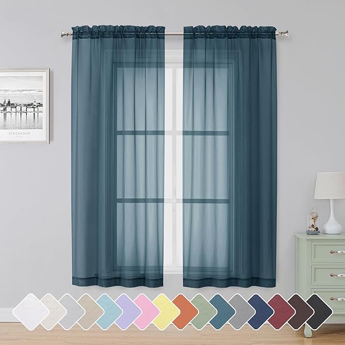Simplebrand Dusty Blue Sheer Curtains 63 Inch Length 2 Panels, Rod Pocket Solid Color Window Sheer Curtain Panels, Elegant Curtains & Drapes for Living Room, Bedroom 2 Panels (42" W x 63" L)