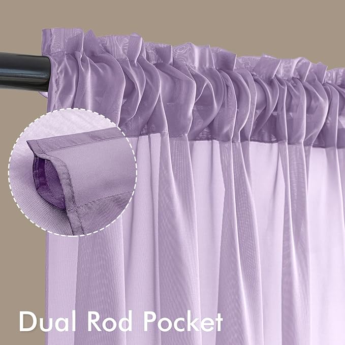 MIULEE Light Purple Sheer Curtains 108 Inches Long, 4 Panels Set, Lavender Light Filtering Rod Pocket Voile Drapes for Living Room and Bedroom, Airy Soft Fabric Window Treatments, 42 x 108 Inches