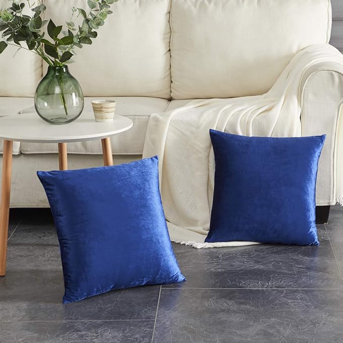 GIGIZAZA Blue Decorative Velvet Pillow Covers, 16x16 Small Square Couch Throw Pillows Solid Pillowcases for Bedroom Set of 2 Home Decor Living Room Super Soft Cushion Covers