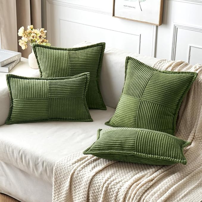 MIULEE Spring Decorative Lumbar Throw Pillow Covers for Couch Bed Livingroom 12x20 Inch Set of 2 Moss Green Boho Accent Throw Pllows Broadside Striped Patchwork Soft Corduroy Summer Pillowcases
