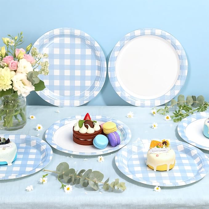 52 Pcs Blue Gingham Party Plates - 9 Inch Checkered Plaid Dessert Plates Disposable Blue and White Paper Plate - For Picnic BBQ Birthday Dinner Party Supplies