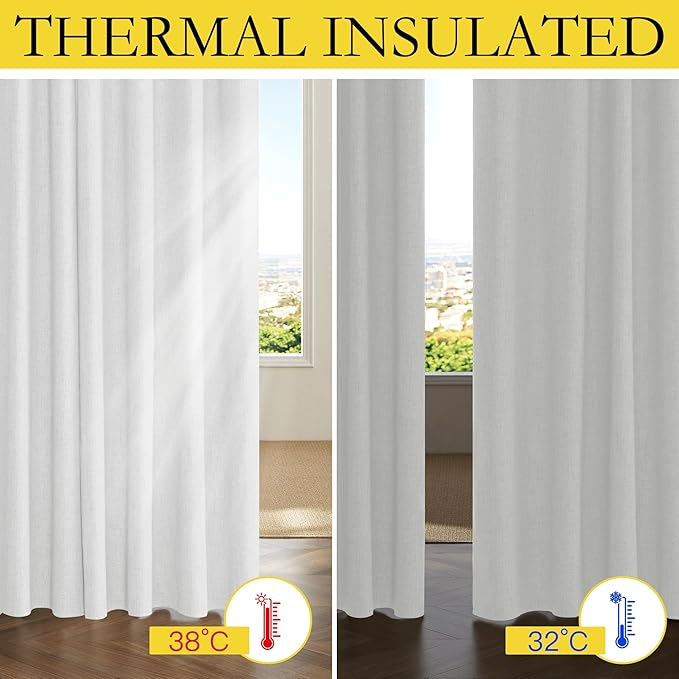 NICETOWN 100% Absolutely Blackout Linen Curtains with Thermal Insulated Liner, Greyish White, 52" Wide, 120" Length Energy Saving Curtains for Living Room 2 Panels Set, Vertical Blinds