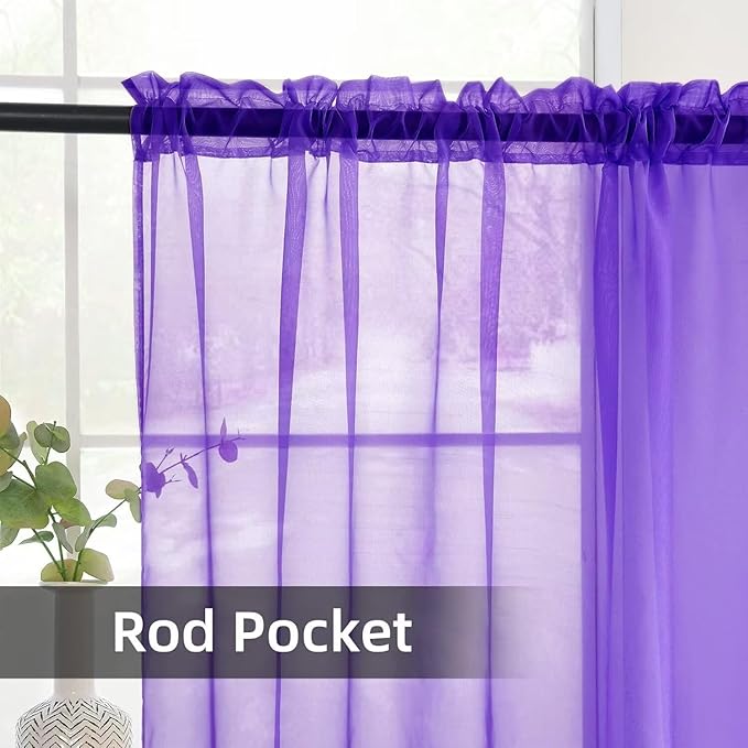 youleyar Solid Sheer Rod Pocket Curtain Voile Draperies 2 Panels White Beige Black Ivory Coffee 22 Inch Width 40 Inch Long 1 Pair for Kitchen Bedroom Children Living Room Yard(Purple,22W x 40L)