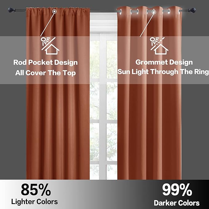 RYB HOME Blackout Curtains for Bedroom Living Room 72 inches Long, Thermal Insulated Privacy Rod Pocket Drapes for Nursery Office Home Theater, Width 42 by Length 72, Burnt Orange, 2 Panels
