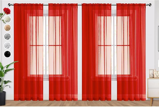 SpaceDresser Sheer Red Curtains 4 Panels Rod Pocket Semi-Sheer Curtain 96 Inches Long Light Filtering Voile Window Drapes for Bedroom Living Room Kitchen, Each 52W x 96L