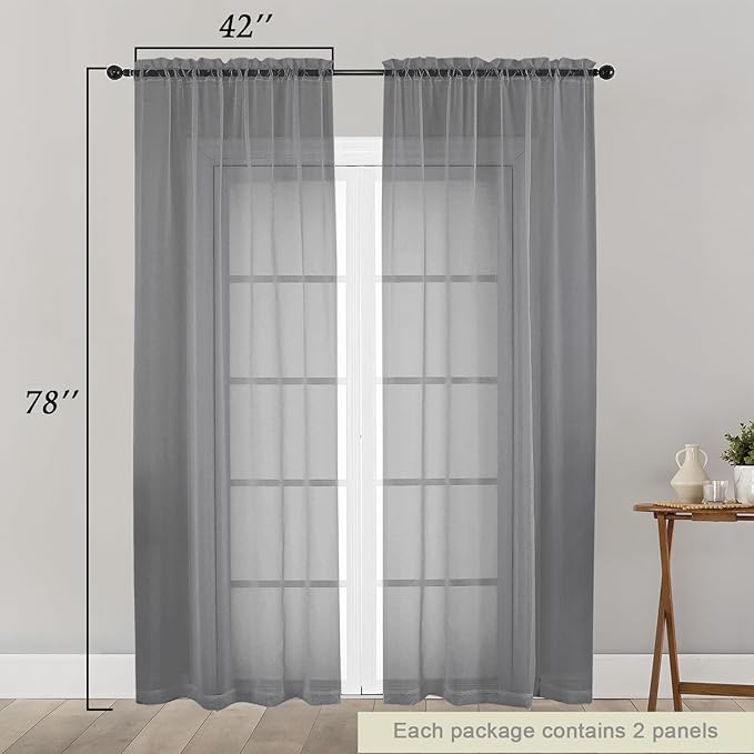 Grey Sheer Curtain for Bedroom Living Room 78 Inches Long 2 Panels Set, Solid Soft Airy Light Filtering Sheer Window Curtains, Modern Rod Pocket Door Curtain, Grey, 42" Wx78 L Inches