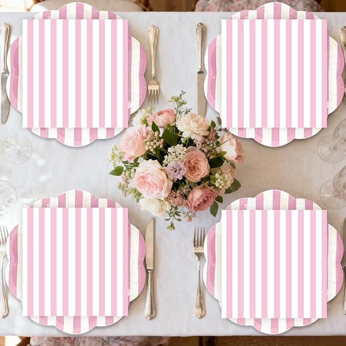 50PCS Pink Striped Paper Plates and Napkins Party Supplies, Pinkand White Scalloped Party Plates and Napkins Tableware Set for Birthday Bridal & Baby Shower Wedding Party Decoration (Pink)
