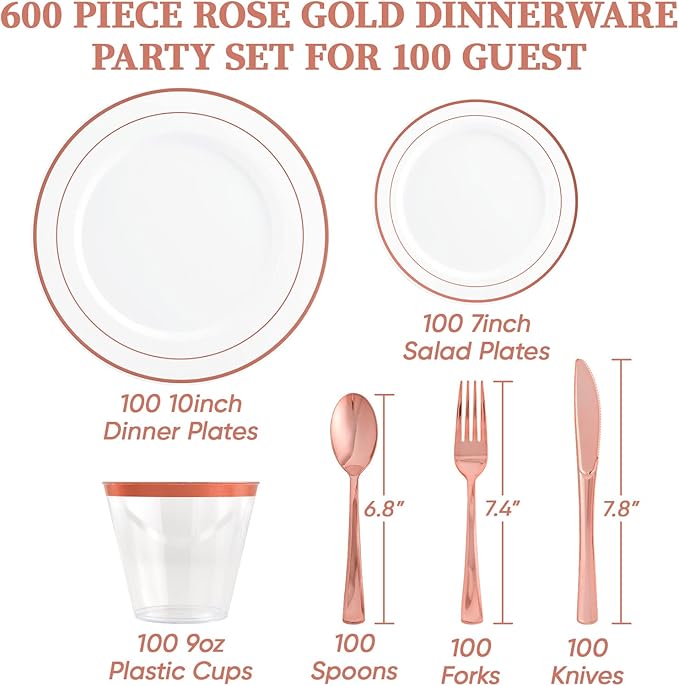 FOCUSLINE 600 Ct Rose Gold Dinnerware Set for 100 Guests - Rose Gold Rimmed Disposable Plastic Plates, Includes 100 Dinner & Salad Plates, Cups, Cutlery Set for Wedding Parties