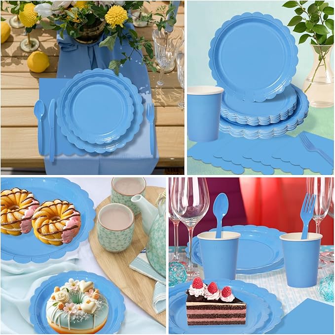 Vyntra 350 PCS Disposable Plates for Party, Paper Plates & Napkins Set with Cups, Knives, Forks, Spoons, 7'' Dessert and 9'' Dinner Plates for Birthday, Graduation, 4th of July - Blue