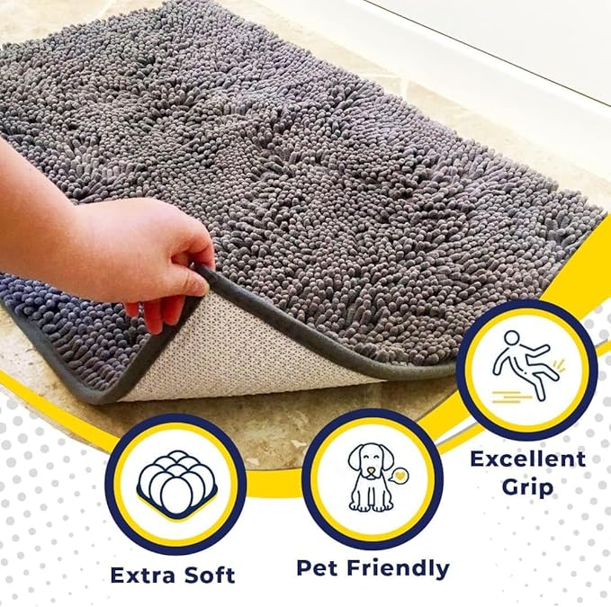 Muddy Mat® | Super Absorbent Door Mat Indoor, Microfiber Quick Dry Chenille Entryway Rug, Non-Slip Front Door Mat, Indoor Mats for Entryway, Machine Washable Pet Rug, Grey 3ft x 8ft