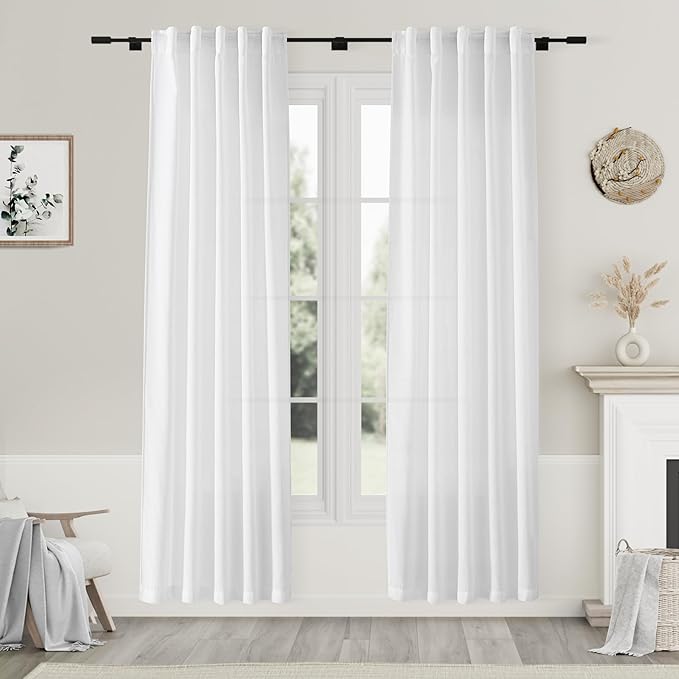 White Linen Curtains 80 inches Long for Bedroom Back Tab Light Filtering Privacy Sheer Curtains Modern Farmhouse Coastal Decor White Cotton Textured Gauze Curtain 2 Panel Set 38x80 for Living Room