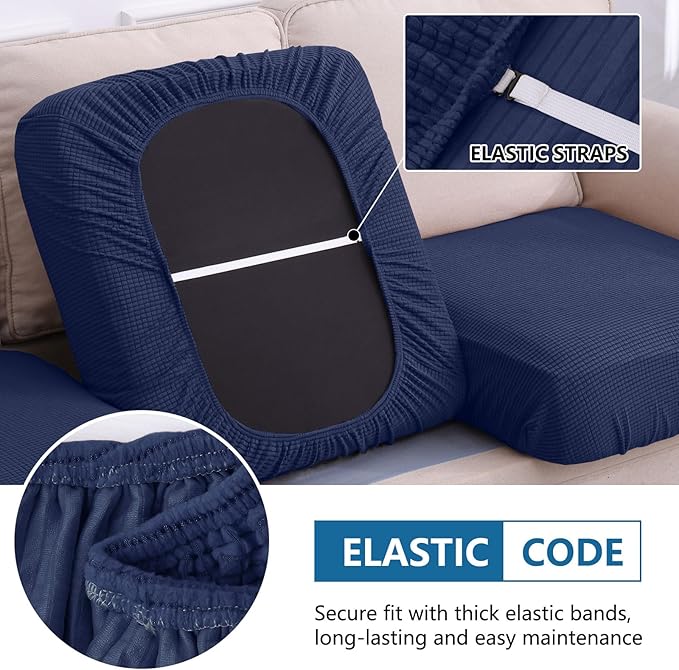 hyha Waterproof Couch Cushion Covers for Pets, Non Slip Sofa Seat Cover for Dogs Washable, Soft Thick Stretch Jacquard Fabric, Sofa Slipcovers with Elastic Bottom (1 Piece for Medium, Navy)