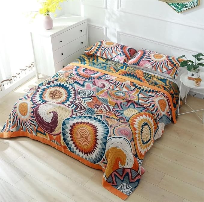 MSGKV Boho Throw Blanket for Bed Couch,100% Cotton Throw Blankets 80''x90'' Travel Spring Reversible Versatile Woven Blanket Home Decor