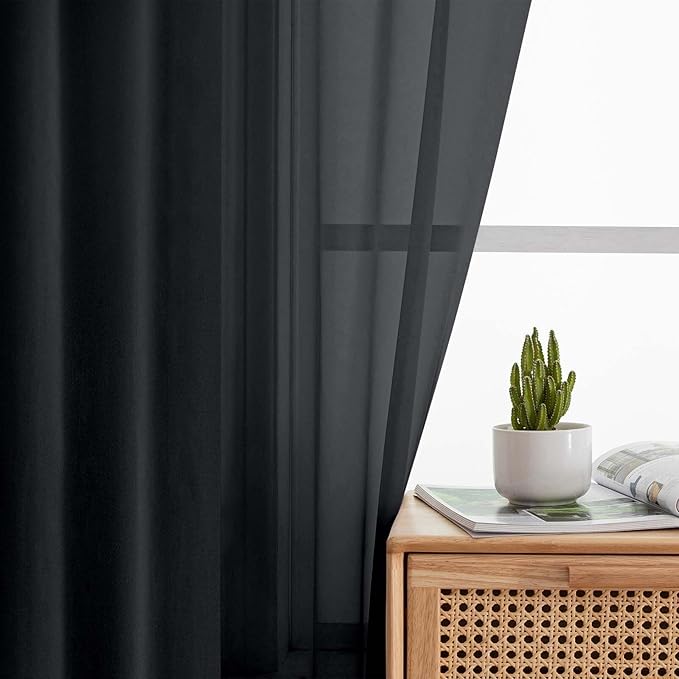 Sheer Black Curtains for Bedroom Living Room 90 Inches Long 2 Panels Set, Soft Airy Light Filtering Sheer Window Treatments, Modern Rod Pocket Curtains Drapes, Each 42" Wx90 L Inch