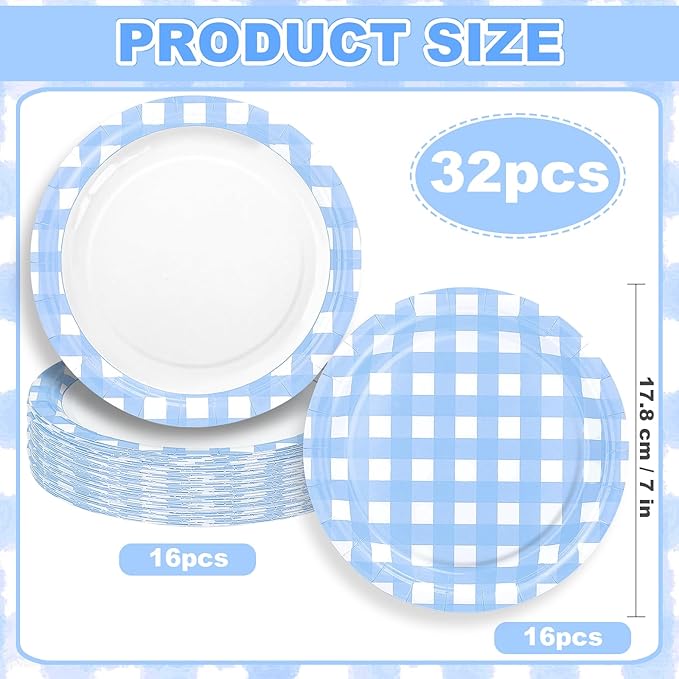 32 Pcs Blue Gingham Party Plates - 7 Inch Checkered Plaid Dessert Plates Disposable Blue and White Paper Plate - For Picnic BBQ Birthday Dinner Party Supplies