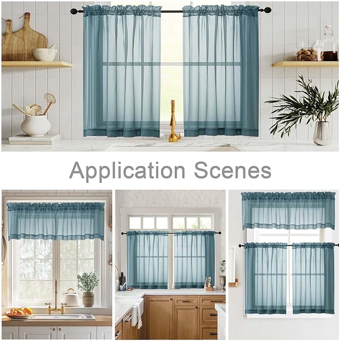 Kitchen Curtains 24 Inch Length Tier 2 Pieces, Dusty Blue Sheer Curtain Solid Soft Sheer Short Curtains for Windows, Cafe Bathroom Basement Rod Pocket Drapes, Dusty Blue, Each 42"Wx24"L Inch