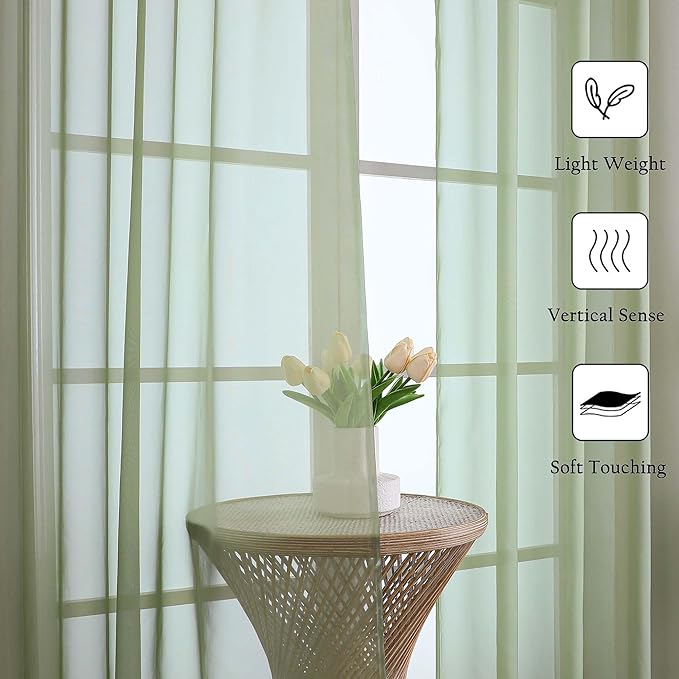 Lecloud Sage Green Sheer Curtains 63 Inch Length 2 Pcs, Dual Rod Pockets Light Filtering Window Curtains for Bedroom, Farmhouse Voile Solid Drapes for Living Room Bathroom, Each Panel 59" W x 63" L