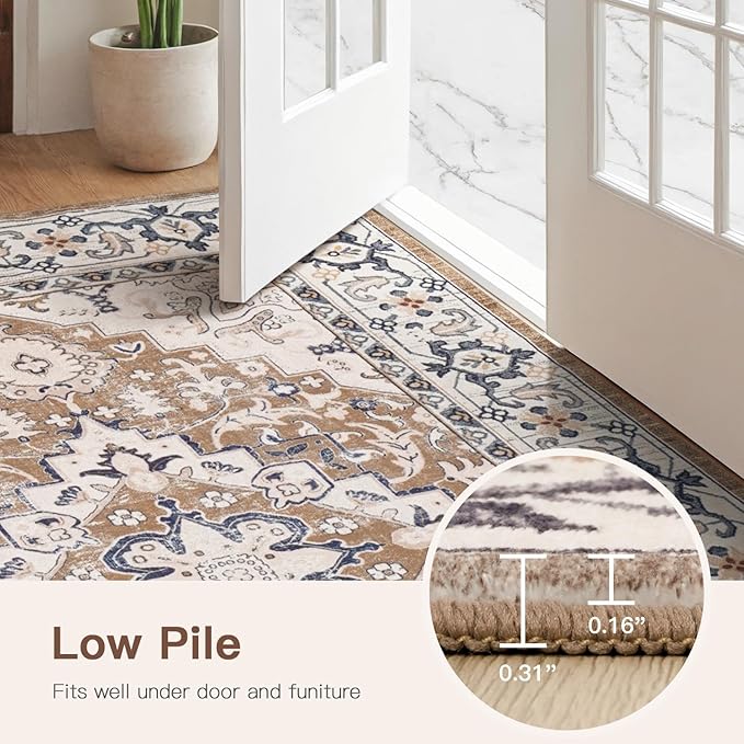 Lofus 6x9 Area Rugs for Living Room, Washable Area Rug, Rugs for Bedroom, Kitchen, Vintage Boho Carpet, Soft Non-Slip, Low Pile Large Area Rug for Office Dining Room, Floral Brown