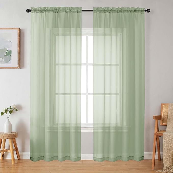 Light Green Sheer Curtains 84 Inches Long 2 Panels Set for Bedroom Living Room, Soft Airy Light Filtering Modern Solid Rod Pocket Drapes Window Treatments, Light Green, Each 42" W x 84" L