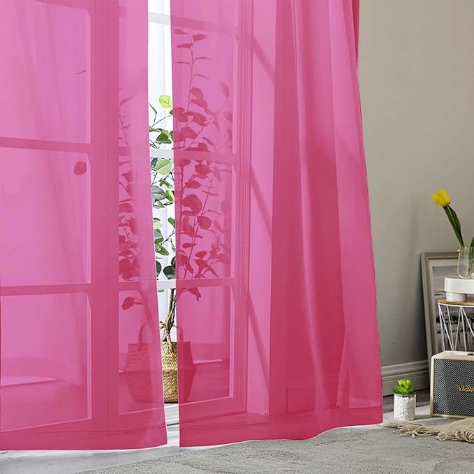 Hot Pink Sheer Curtains for Bedroom Living Room 45 Inch Length 2 Panels, Soft Airy Light Filtering Small Kitchen Window Curtains, Rod Pocket Short Curtain Drapes, Hot Pink, 42" Wx45 L Inches