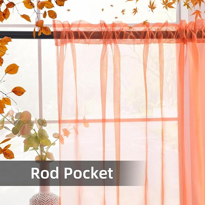 youleyar Solid Sheer Rod Pocket Curtain Voile Draperies 2 Panels White Beige Black Grey Coffee 52 Inch Width 84 Inch Long 1 Pair for Kitchen Bedroom Children Living Room Yard (Orange Red,52Wｘ84L)