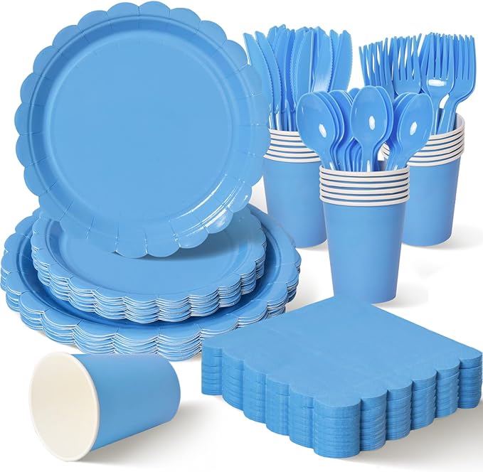 Vyntra 350 PCS Disposable Plates for Party, Paper Plates & Napkins Set with Cups, Knives, Forks, Spoons, 7'' Dessert and 9'' Dinner Plates for Birthday, Graduation, 4th of July - Blue