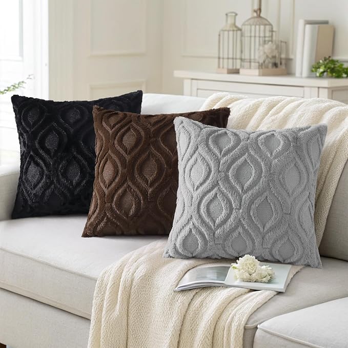 decorUhome Throw Pillow Covers 24x24 Inch Set of 2, Soft Plush Faux Wool Dark Brown Solid Couch Pillow Covers, Accent Euro Sham Farmhouse Neutral Square Pillow Cases for Sofa Bed Living Room