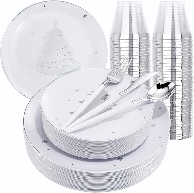 bUCLA 150PCS Christmas White and Silver Plastic Plates for 25 Guests - Include 25 Each (Dinner & Dessert) Plates, 25 Cups, 25 Knives, 25 Forks, 25 Spoons