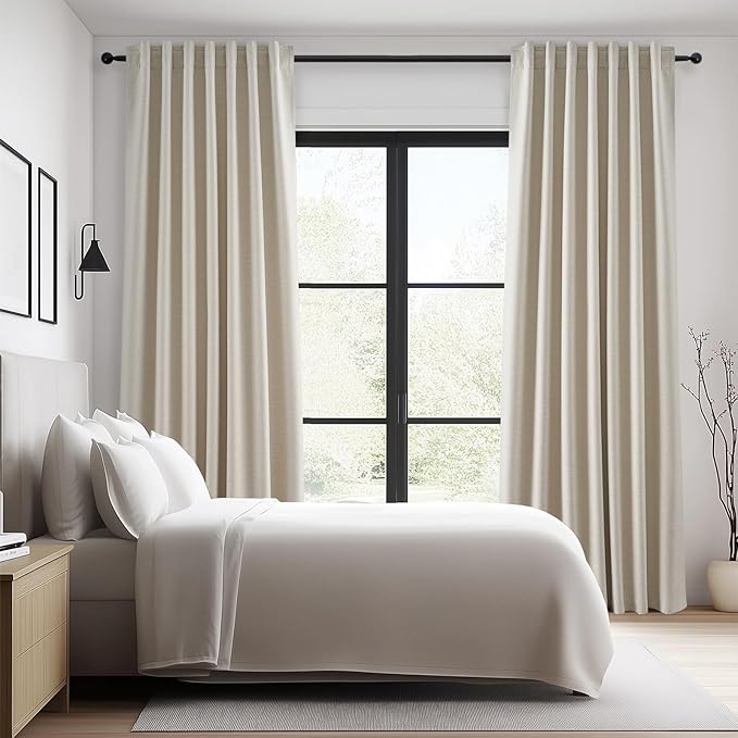 Topfinel 94 Inches Long Tan Colored Custom Blackout Linen Curtains, Internet Famous Beige Pleated Noise Cancelling Curtains with Pin Hooks for Traverse, Flax Linen Viral Drapes 2 Panels for Bedroom