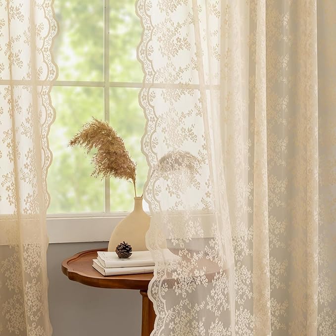 YJ YANJUN Vintage Lace Curtains 108 Inches Long-Victorian Floral Beige Sheer Curtains for Living Room Bedroom Light Filtering Drapes Farmhouse Boho 70s Home Decor 2 Panels W52 X L90 Light Beige