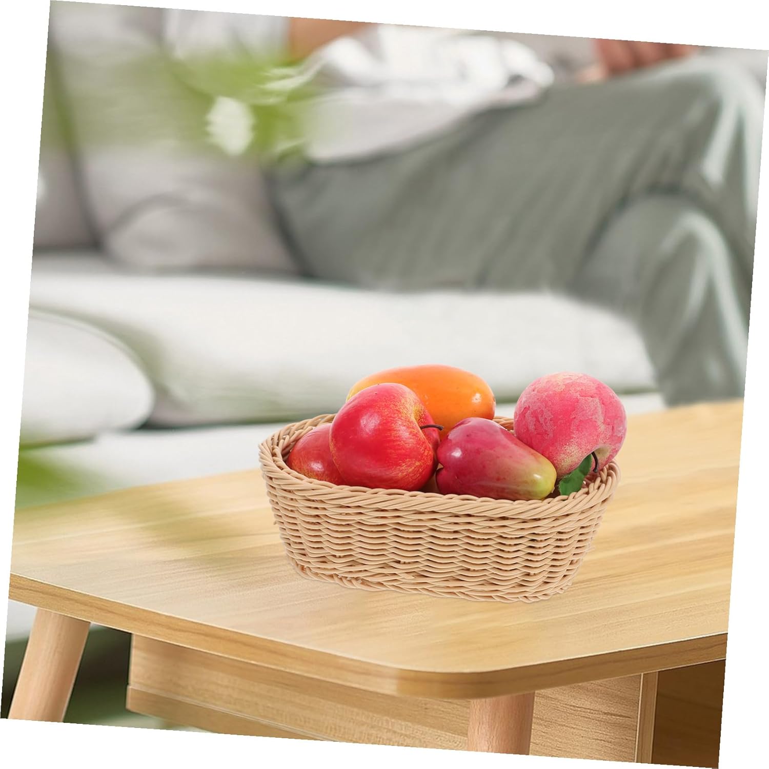 TEHAUX Oval Imitation Rattan Bread Basket for Kitchen Multi-functional Food Storage Small Snack Display Container Decorative Woven Tray for Tabletop and Household Purposes