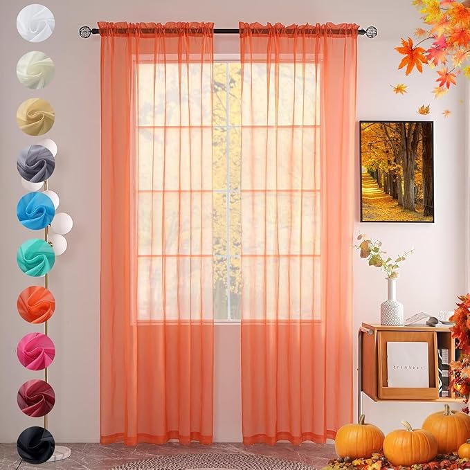 youleyar Solid Sheer Rod Pocket Curtain Voile Draperies 2 Panels White Beige Black Grey Coffee 52 Inch Width 84 Inch Long 1 Pair for Kitchen Bedroom Children Living Room Yard (Orange Red,52Wｘ84L)