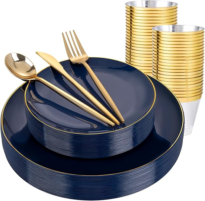 bUCLA 150PCS Blue and Gold Plastic Plates - 25 Guests Navy Blue Plastic Dinnerware Disposable for Party and Hanukkah - Include 25 Dinner/Dessert Plates, 25 Knives, 25 Forks, 25 Spoons, 25 Cups