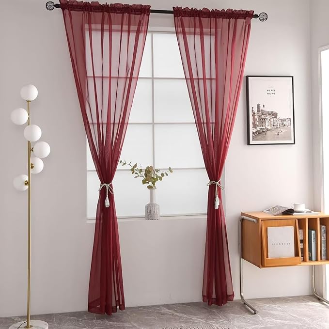 SpaceDresser Burgundy Sheer Curtains 4 Panels Rod Pocket Semi-Sheer Curtain 63 Inches Long Light Filtering Voile Window Drapes for Bedroom Living Room Kitchen, Each 52W x 63L