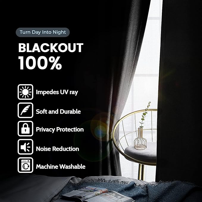 SimpleHome 100% Blackout Curtains for Bedroom,Thermal Insulated Black Grommet Window Drapes Room Darkening Curtains for Living Room with Black Back,38 x 84 Inch,2 Panels