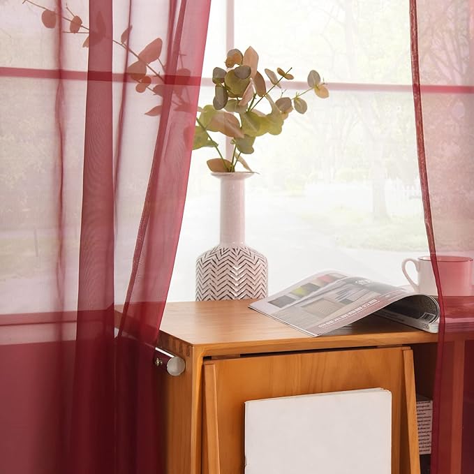 youleyar Solid Sheer Rod Pocket Curtain Voile Draperies 2 Panels White Beige Black Grey Coffee 52 Inch Width 96 Inch Long 1 Pair for Kitchen Bedroom Children Living Room Yard (Wine Red,52Wｘ96L)