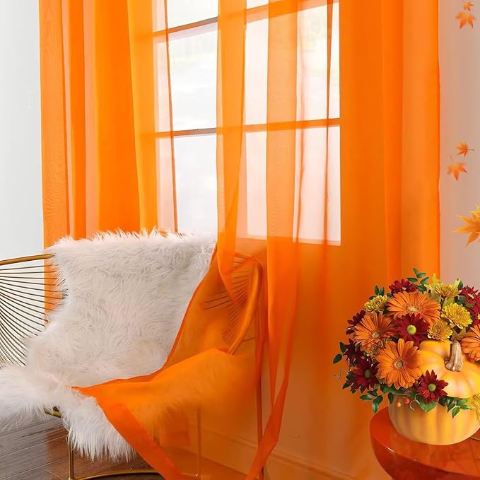 youleyar Solid Sheer Rod Pocket Curtain Voile Draperies 4 Panels White Beige Black Grey Ivory 52 Inch Width 63 Inch Long 1 Pair for Kitchen Bedroom Children Living Room Yard(Orange,52 Wｘ63 L)