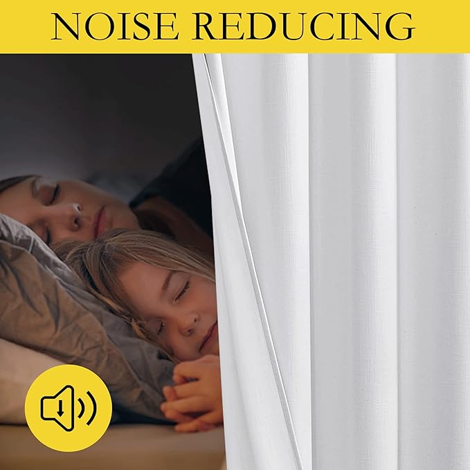 NICETOWN 100% Absolutely Blackout Linen Curtains with Thermal Insulated White Liner, White, W62, 2 Pieces, Noise Reducing Textured Linen Look Curtains for Windows 90 inch Length for Classroom