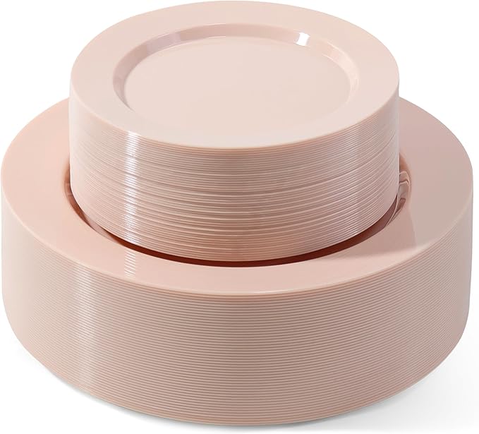 100 PCS Pink Plastic Plates, Plastic Disposable Plates Include 50 Dinner Plate and 50 Dessert Plate Perfect for Holiday, Birthday, Wedding & Party