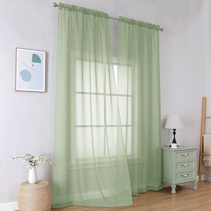 Simplebrand Light Green Sheer Curtains 96 Inches Long 2 Panels, Light Filtering Rod Pocket Solid Color Window Sheer Curtain Panels, Elegant Curtains & Drapes for Living Room, Bedroom, 42" W x 96" L
