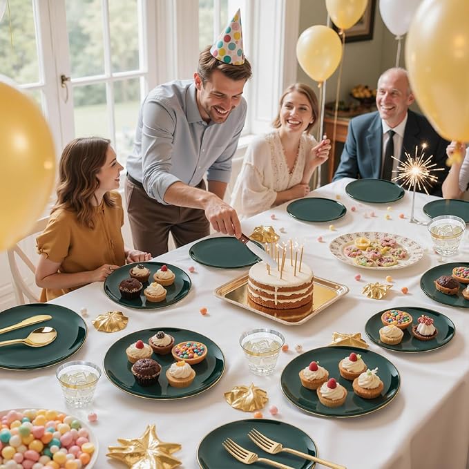bUCLA 150PCS Green Plastic Plates - Green and Gold Disposable Include 25 Each (Dinner & Dessert) Plates, 25 Knives, 25 Forks, 25 Spoons and 25 Cups, Ideal for Party&Christmas