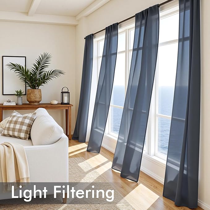 MIULEE Navy Blue Sheer Curtains 84 Inches Long, 4 Panels Set, Light Filtering Rod Pocket Voile Drapes Window Treatments, Semi Transparent Airy Fabric for Bedroom and Living Room, 42 x 84 Inches