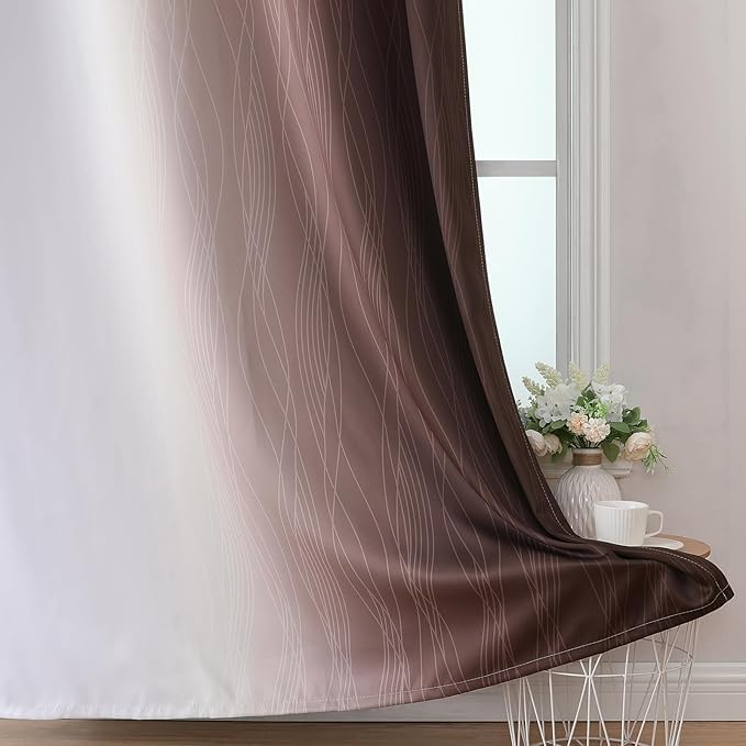 Estelar Textiler Brown and Greyish White Blackout Curtains 63 Inch Length 2 Panels Set, Full Room Darkening Grommet Ombre Curtains for Bedroom, Thermal Insulated Light Blocking Gradient Drapes,52Wx63L