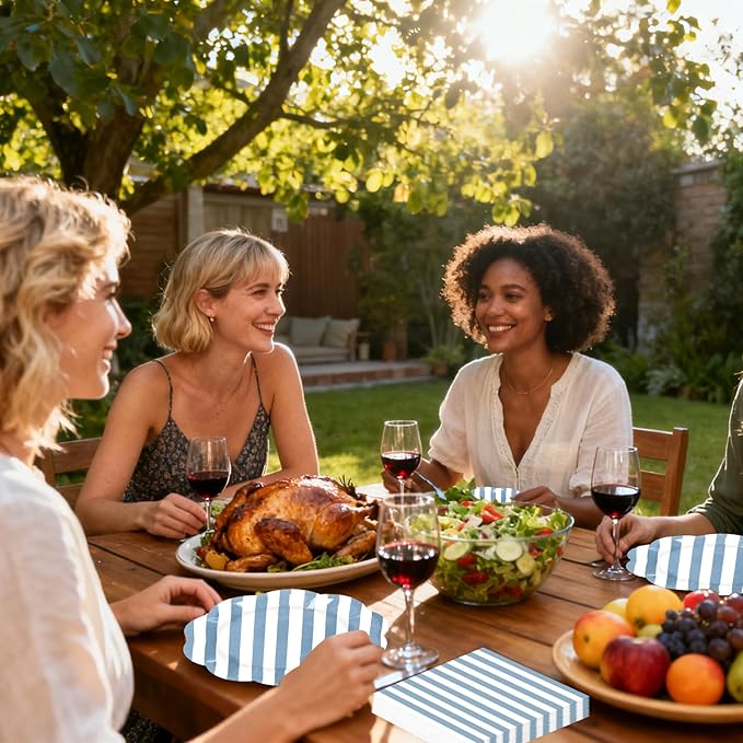 50PCS Blue Striped Paper Plates and Napkins Party Supplies, Blue and White Scalloped Party Plates and Napkins Tableware Set for Birthday Bridal & Baby Shower Wedding Party Decoration